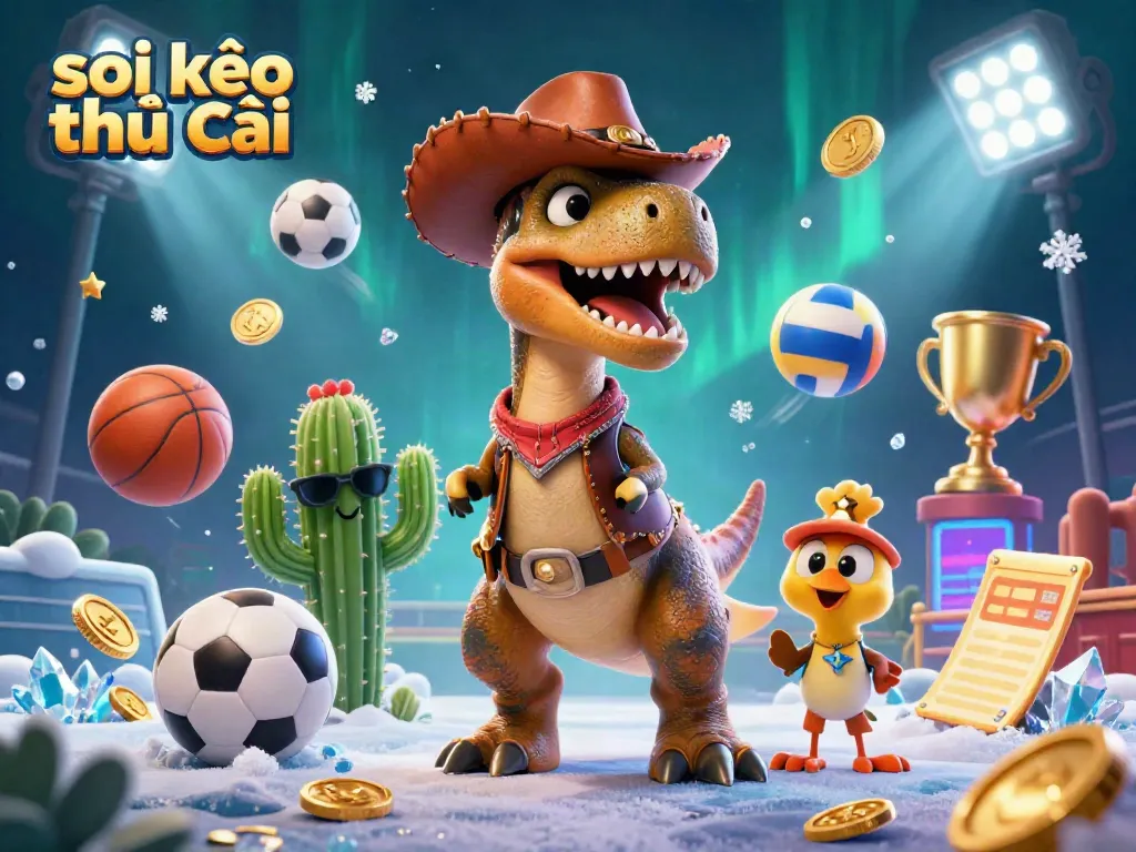 Engaging scene showcasing soi kèo nhà cái with a cowboy dinosaur, cactus companion, and sports elements.
