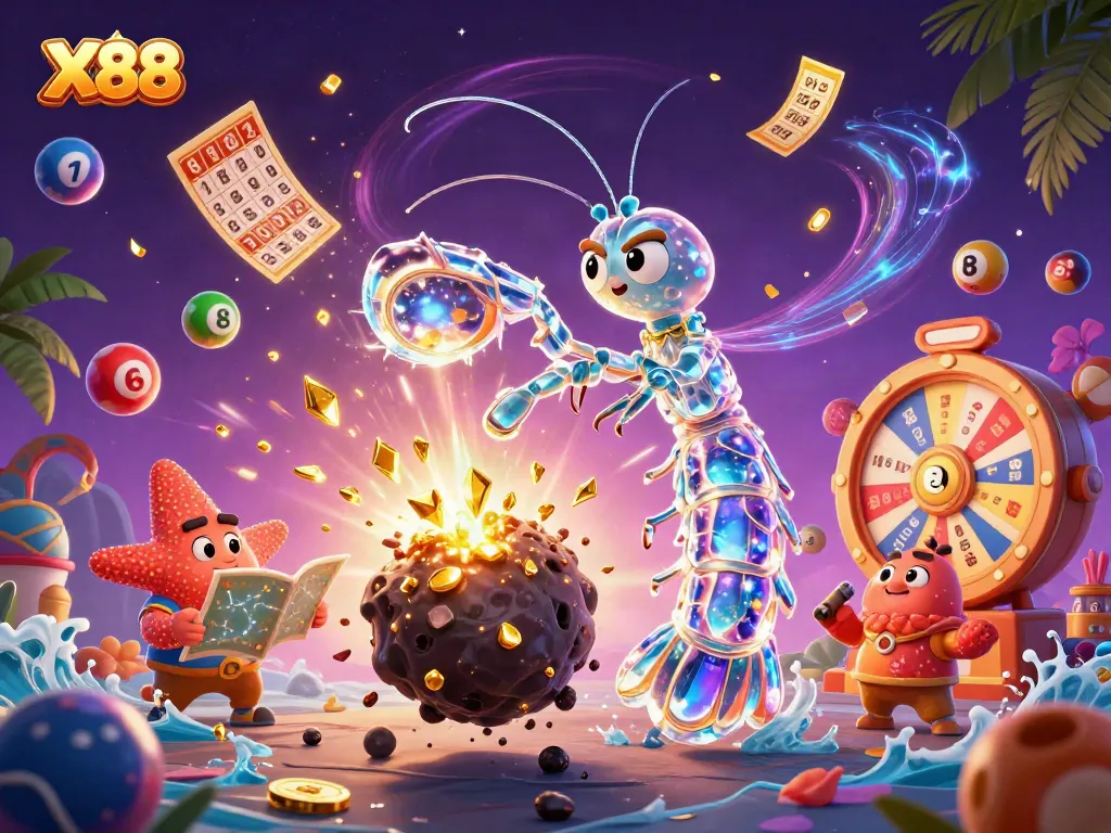 X88 inspires excitement with a vibrant 3D scene of galactic samurai and starfish amidst golden games and lottery elements
