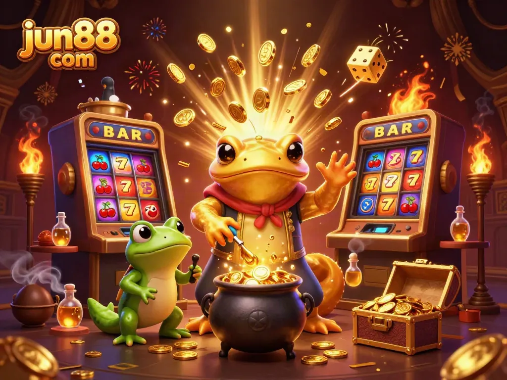 Win big at jun88 com with an enchanting casino scene featuring a golden salamander alchemist.