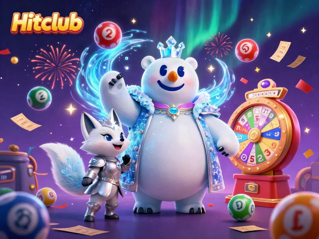 Hitclub's 3D ice king polar bear and snow fox celebrate with dynamic lottery elements in a vibrant scene.