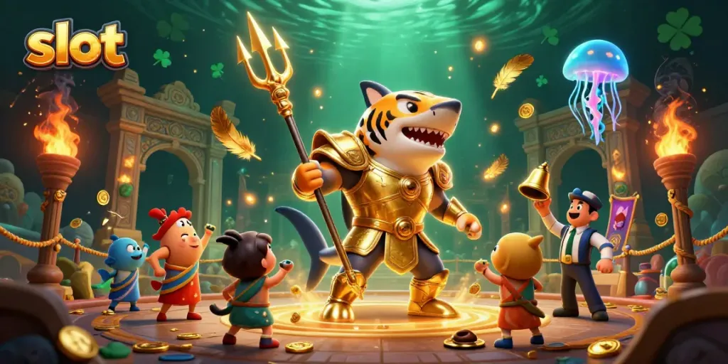 Experience thrilling slot action with a gladiator shark amidst swirling coins and vibrant underwater scenes.