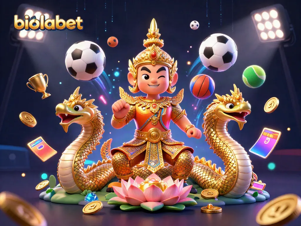 Join the excitement at biolabet with vibrant sports elements and traditional guardians in this dynamic 3D scene.
