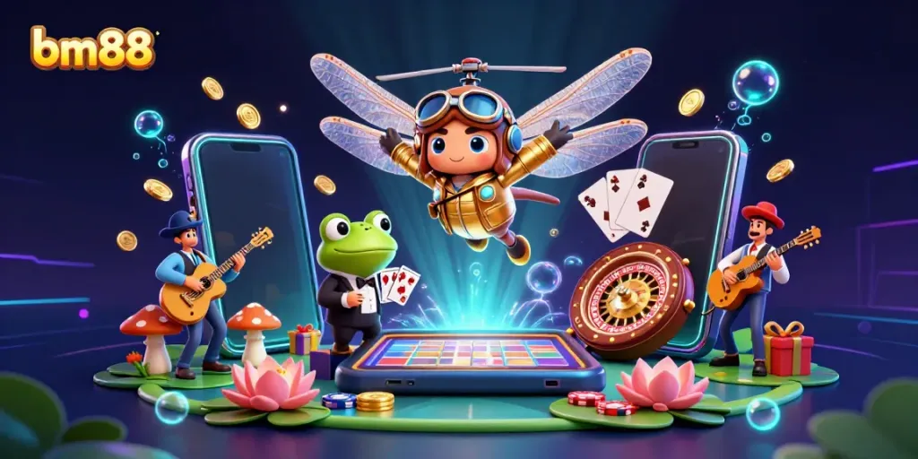 Engage in exciting gaming experiences at bm88 with vibrant 3D illustration showcasing casino elements.