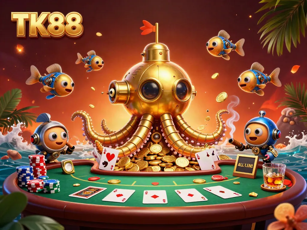 Engage with TK88's thrilling casino experience through poker, gold coins, and mystical sea creatures.