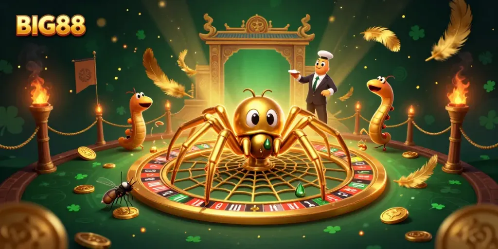 Engage in BIG88's thrilling world as the golden spider spins a roulette wheel, illuminating the casino experience.