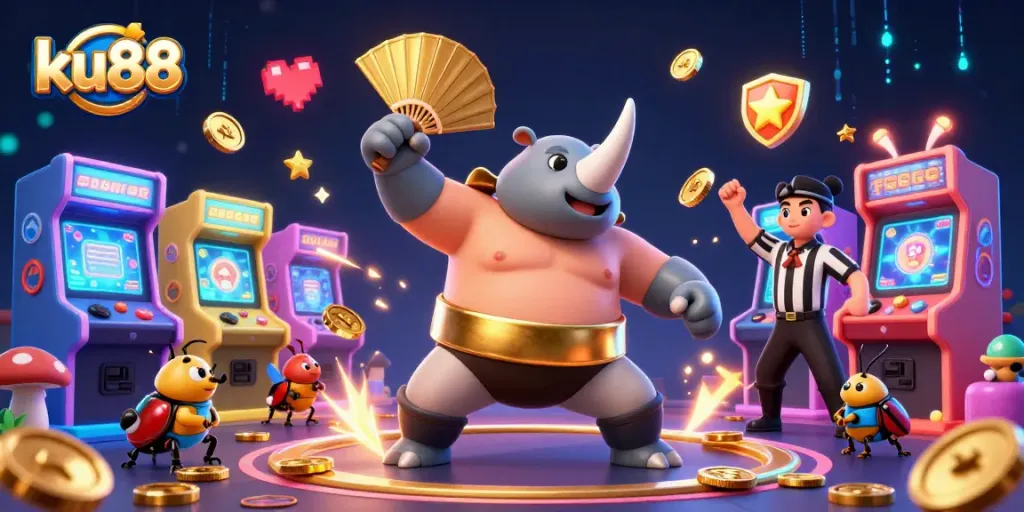 Win big at ku88 with a dynamic gaming scene featuring vibrant 3D elements and exciting action.