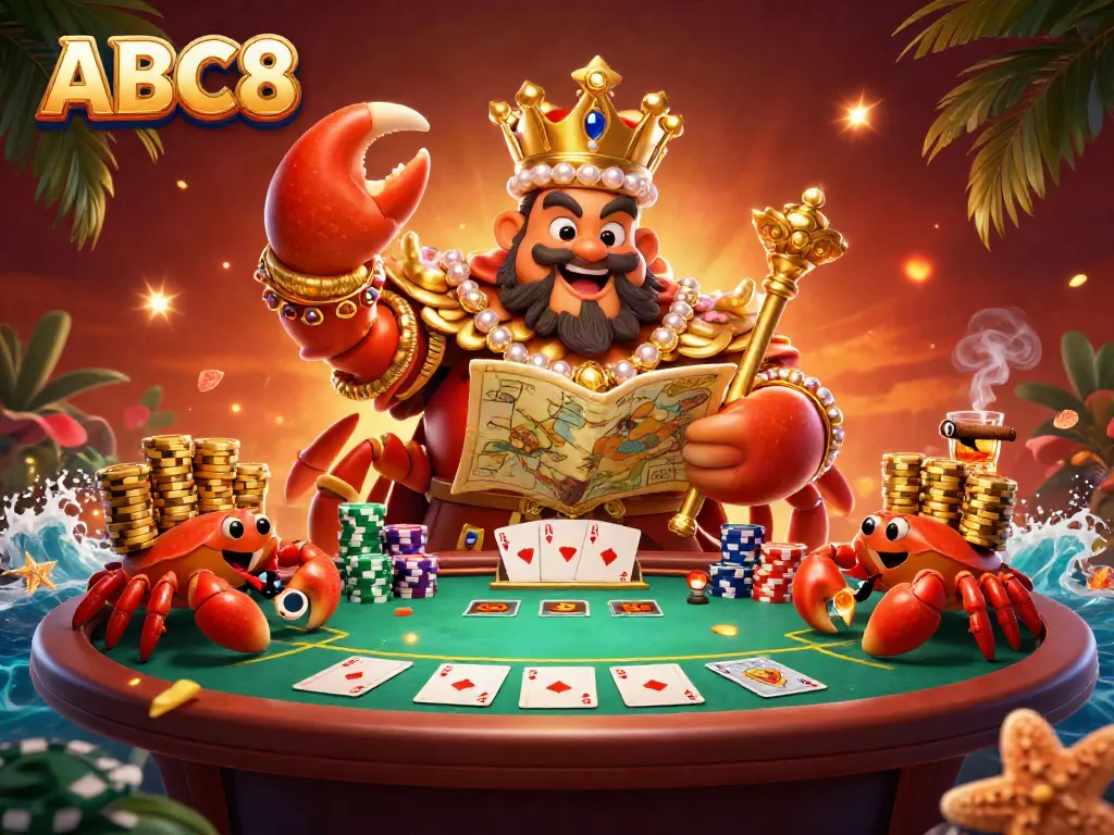 Engage with ABC8's dynamic online gaming universe featuring a golden crab emperor amidst vibrant poker elements.