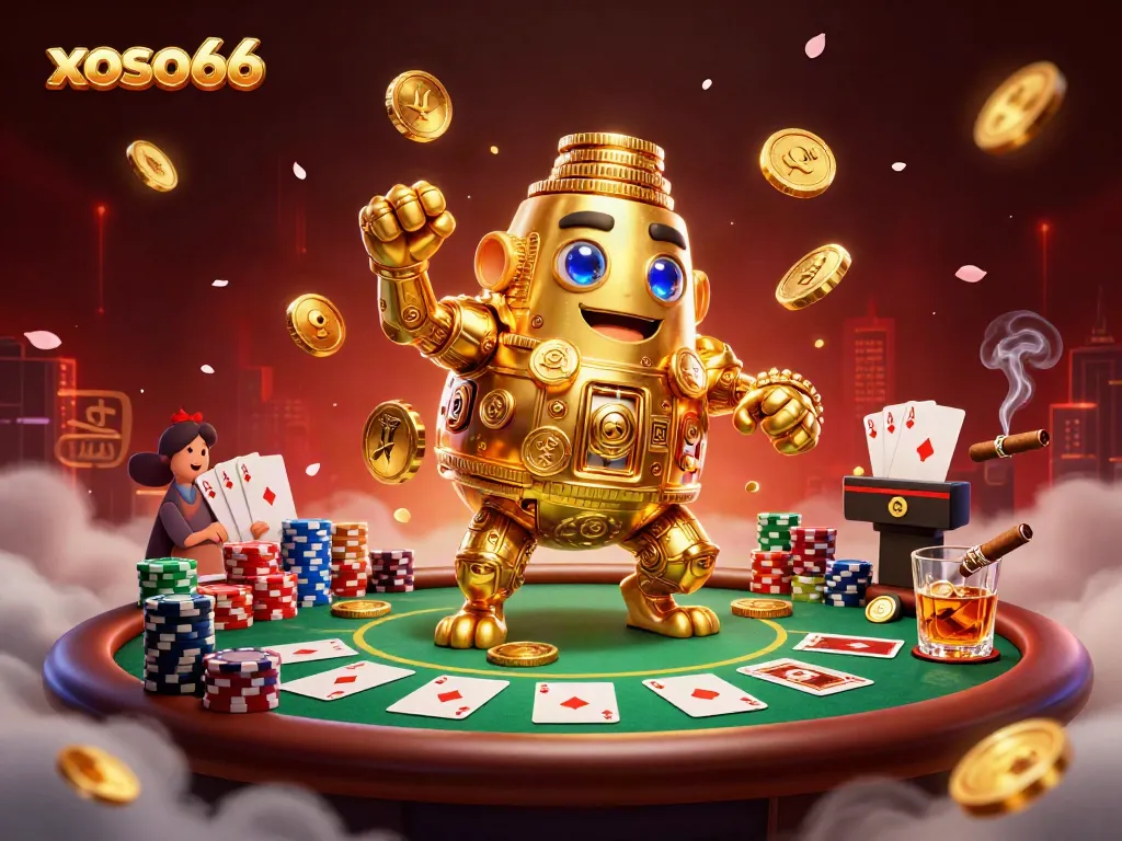 Play exciting games at XOSO66 with a golden golem surrounded by vibrant poker elements and casino ambiance.