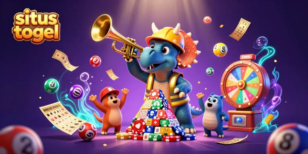 Experience the excitement of situs togel with colorful lottery balls and fun characters celebrating.