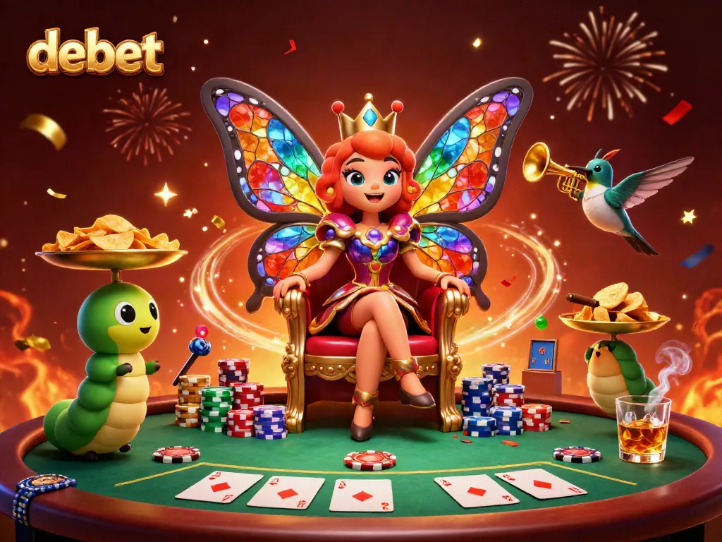 Experience the vibrant debet casino scene with a butterfly queen on a flower throne and lively poker elements.