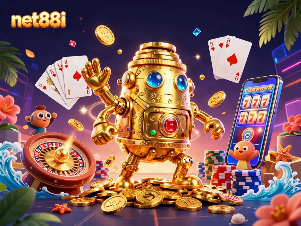 Spin the reels at net88i with the golden golem and dazzling casino elements in a vibrant 3D scene.
