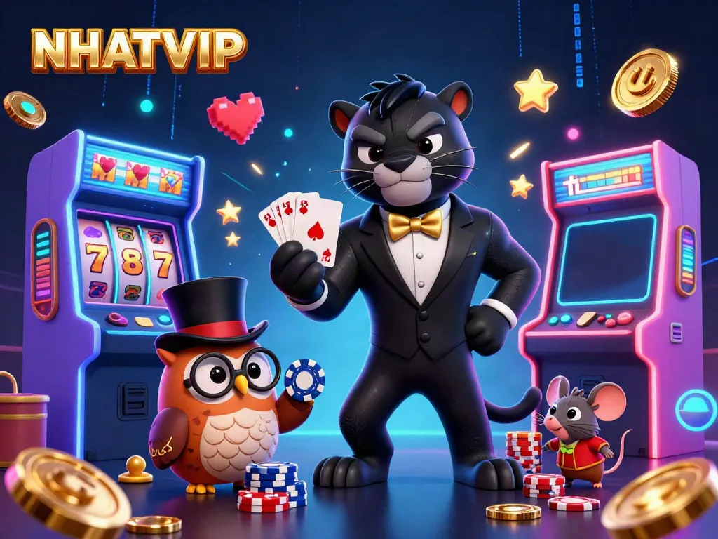 Engage in exciting gambling with NHATVIP, featuring a stylish panther dealing cards in a vibrant casino scene.