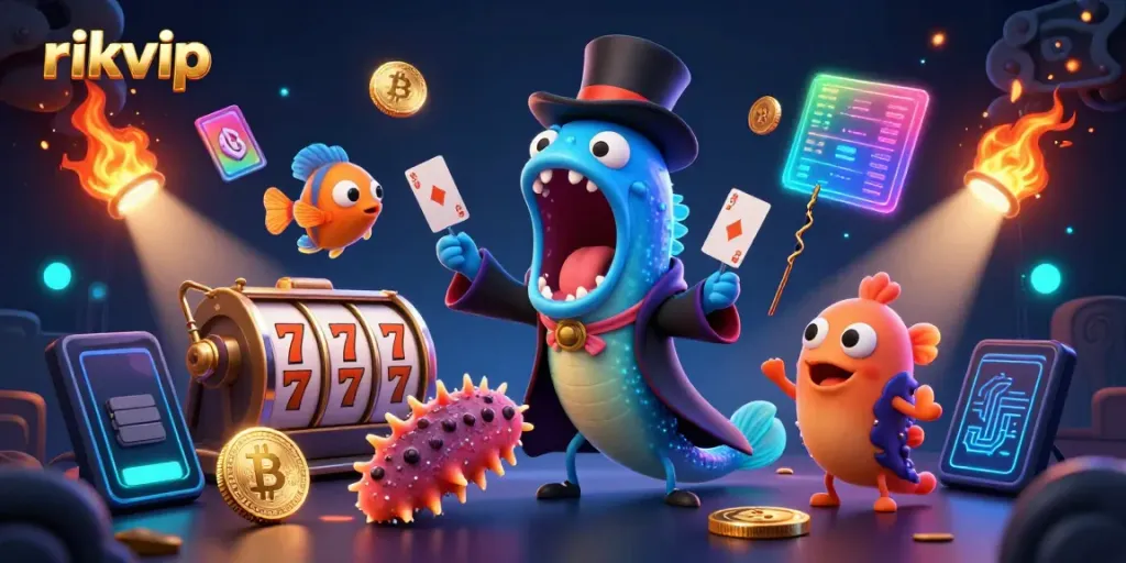 Engage with rikvip's thrilling gaming scene featuring underwater creatures performing magic tricks amidst vibrant slot machines.
