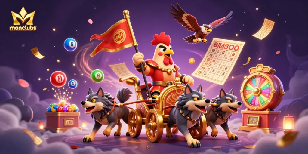 Experience the manclubs excitement with features like vibrant lottery elements and a golden war chariot in a dynamic casino setting.