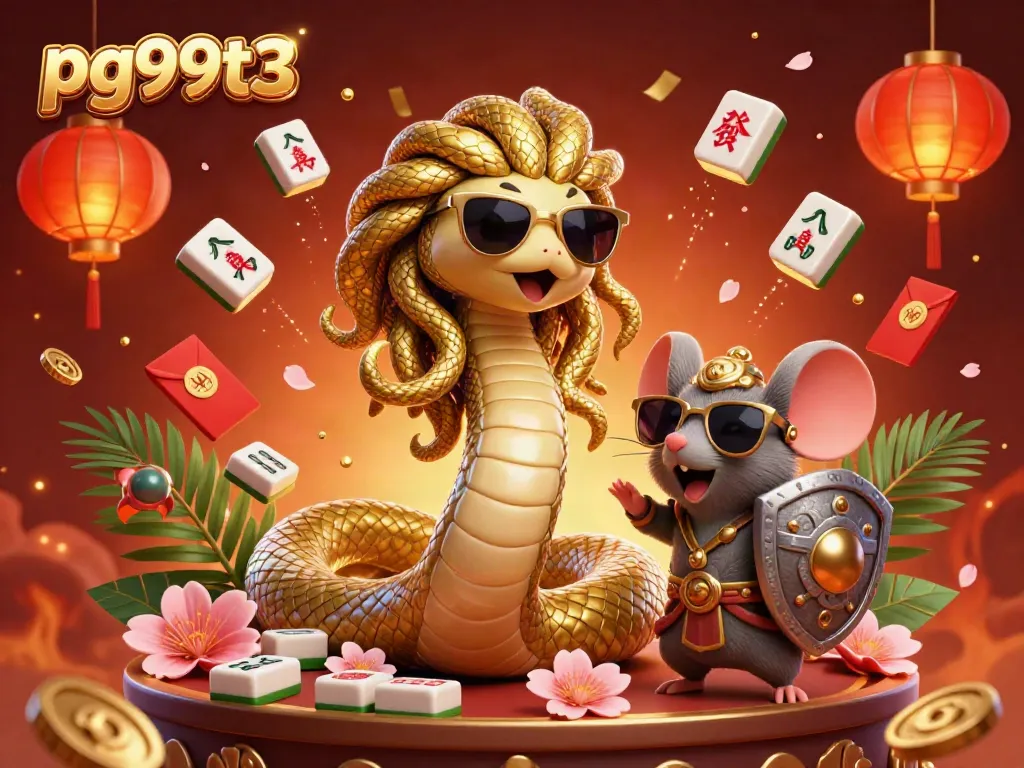 Engage in thrilling gaming with pg99t3, featuring Medusa and a warrior mouse amidst a vibrant casino scene.