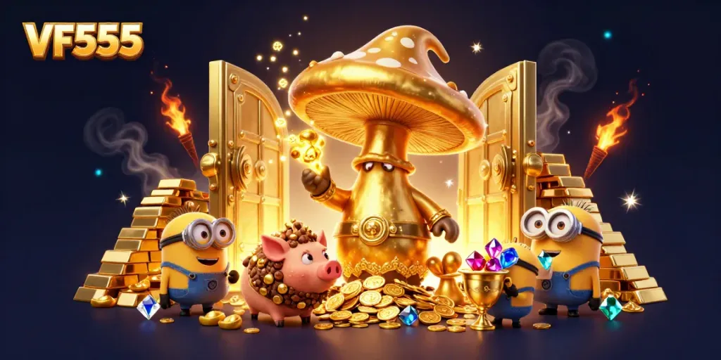 Engage in thrilling casino adventures with VF555 as the golden wizard and treasures light up the scene.