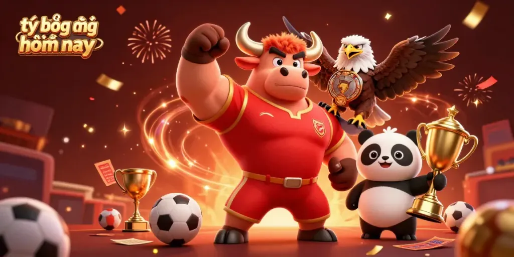 Bettors analyzing tỷ lệ bóng đá hôm nay with excited mascots celebrating betting results in a vibrant scene.