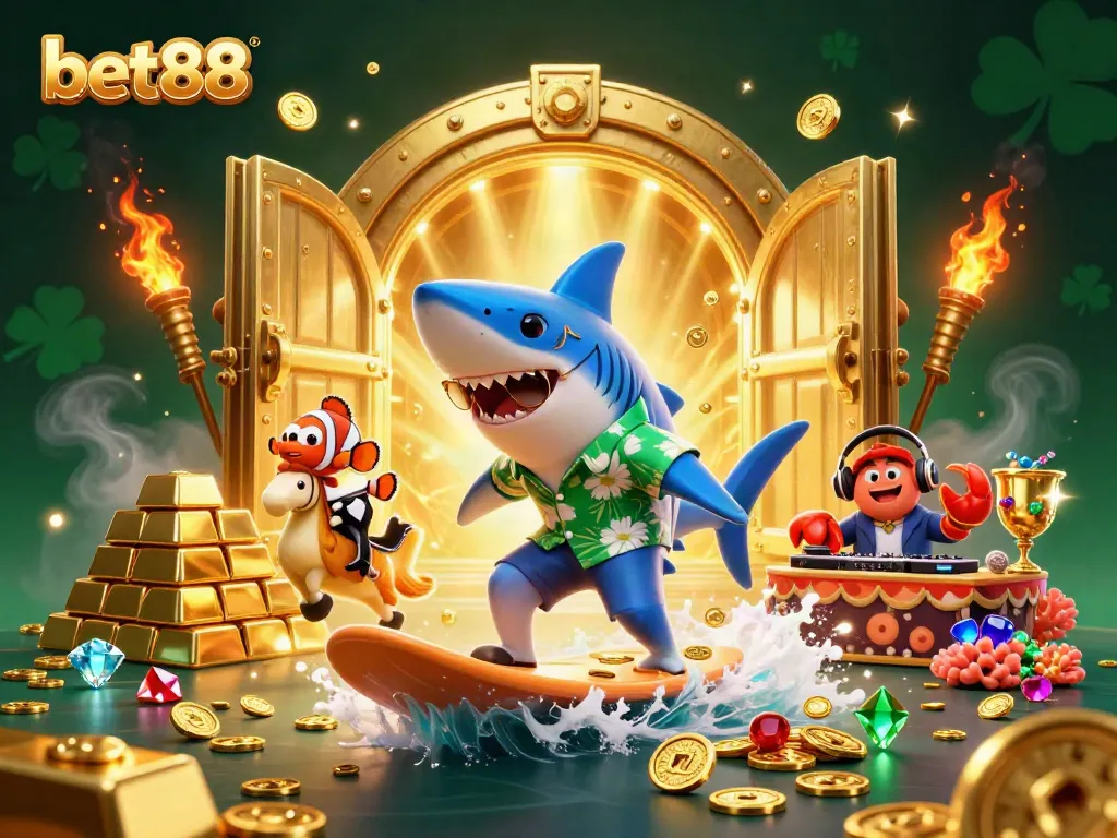 Engage in thrilling gameplay at bet88 with a vibrant 3D casino scene featuring a shark and a DJ.
