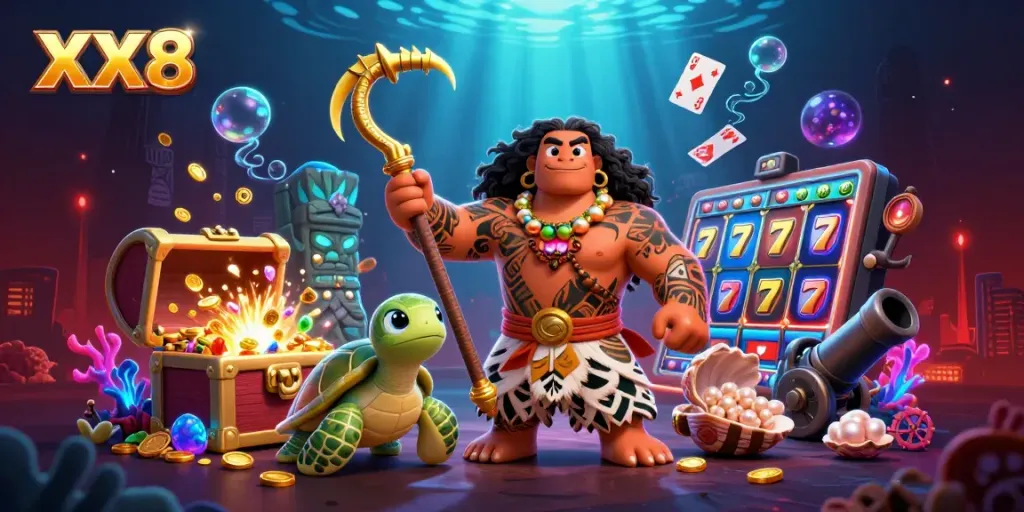 Experience thrilling gameplay with XX8's colorful casino scene packed with slot games and treasures.