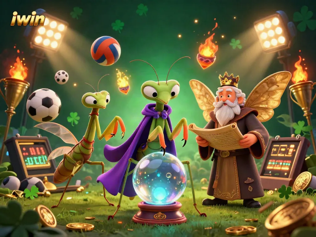 Bet on iwin with this vibrant scene featuring mystical fortune tellers and dynamic sports elements.