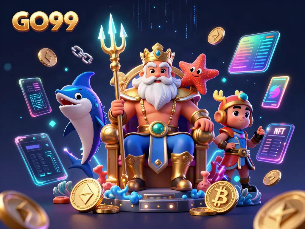Engage with GO99 in a vibrant underwater casino realm featuring Neptune and cryptocurrency elements.