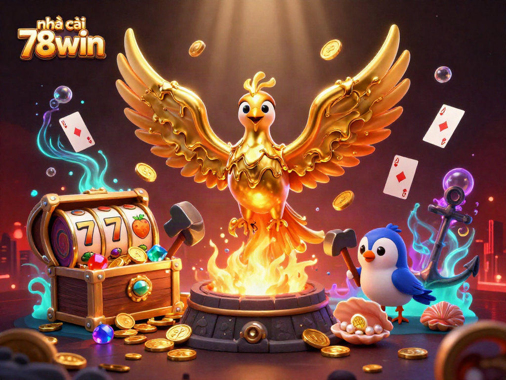 Engage in exciting gaming action with nhà cái 78win featuring a molten gold phoenix and vibrant casino elements.