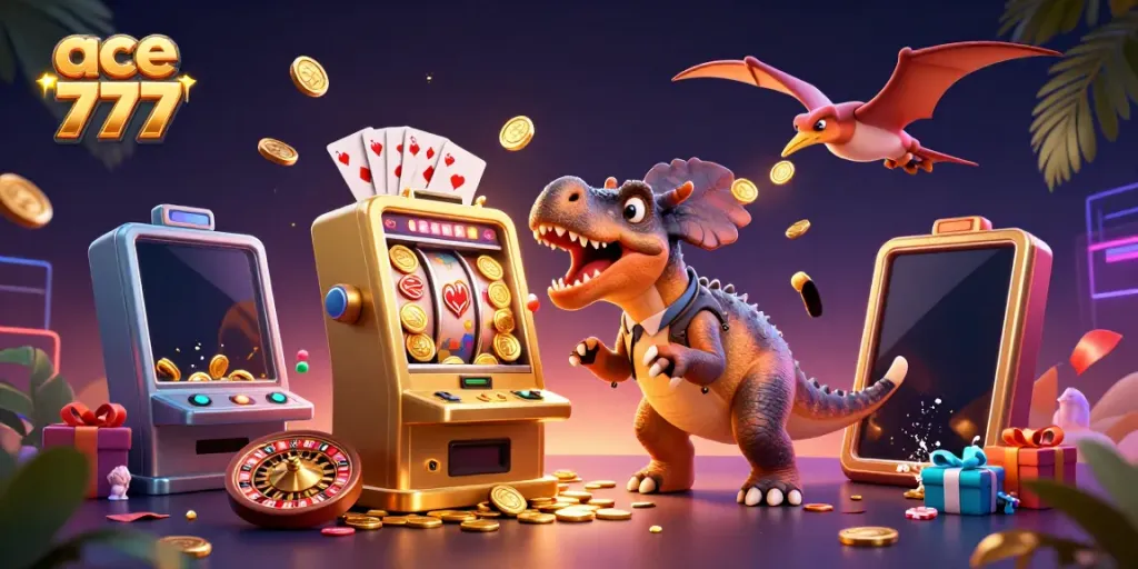 Engaging scene of ace 777 with dinosaur characters in dynamic casino action, capturing joy and excitement.