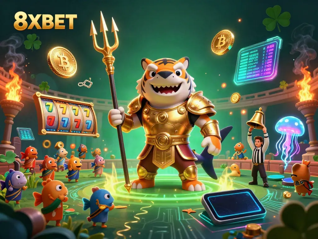 Engage with 8XBET's vibrant underwater gambling scene showcasing a tiger shark and jackpot excitement.