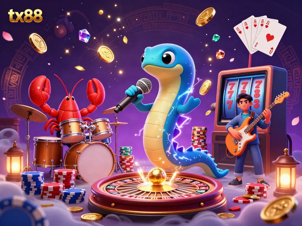 Engage with tx88 in this vibrant underwater casino scene filled with electrifying characters and dazzling game elements.