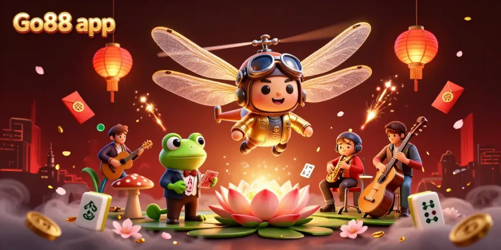 Experience thrilling gaming action through the Go88 app in a vibrant casino scene with a dragonfly pilot.