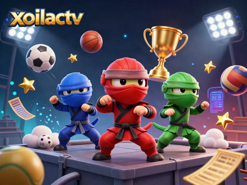Experience exhilarating gameplay with xoilactv's dynamic ninja chameleons performing on a rooftop, amidst vibrant sports elements.