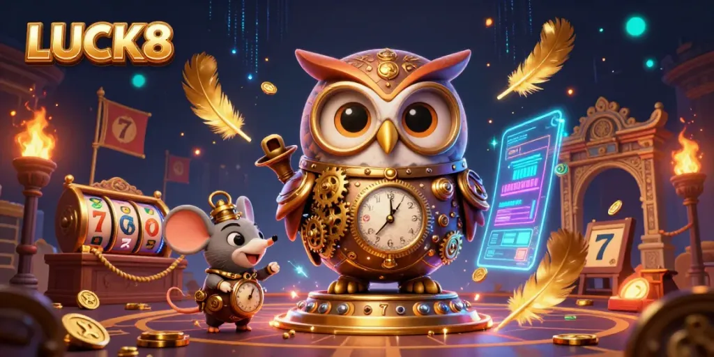 Engaging LUCK8 gaming scene with owl and mouse characters, vibrant slots, and casino elements.