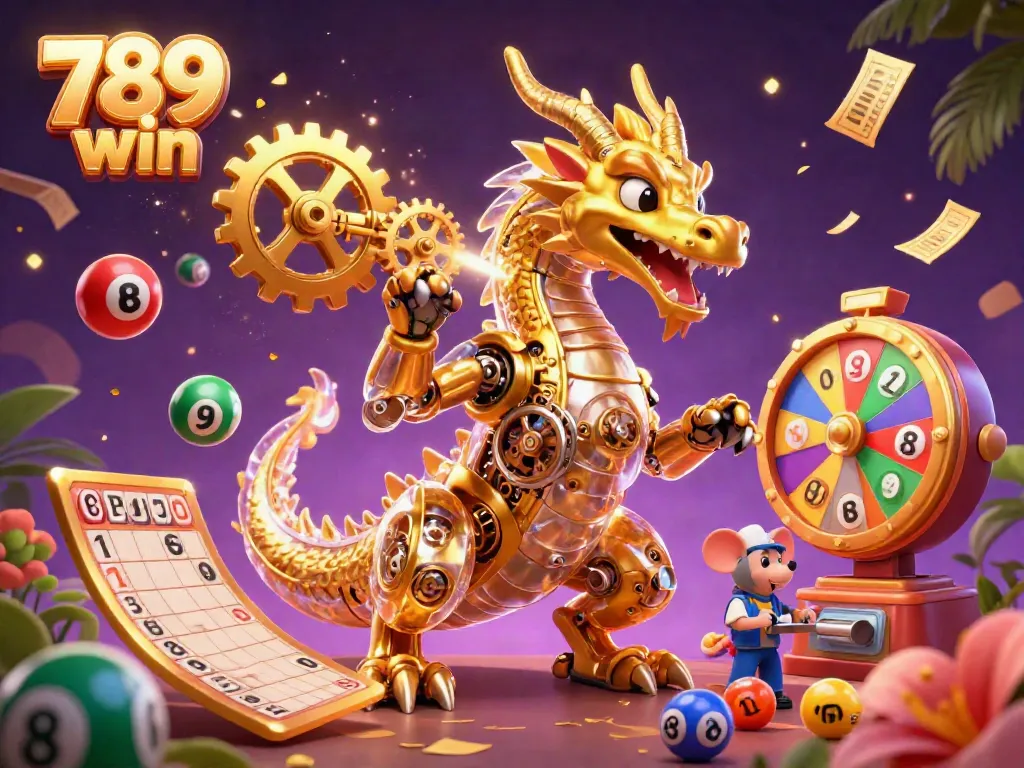 Experience thrilling gameplay with 789 win in this vibrant casino illustration featuring a golden dragon and lottery elements.