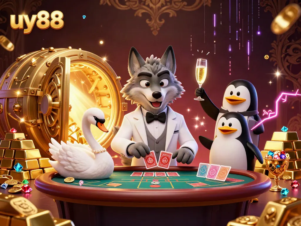 Experience excitement at uy88's baccarat table with a debonair wolf and elegant characters in a vibrant casino scene.