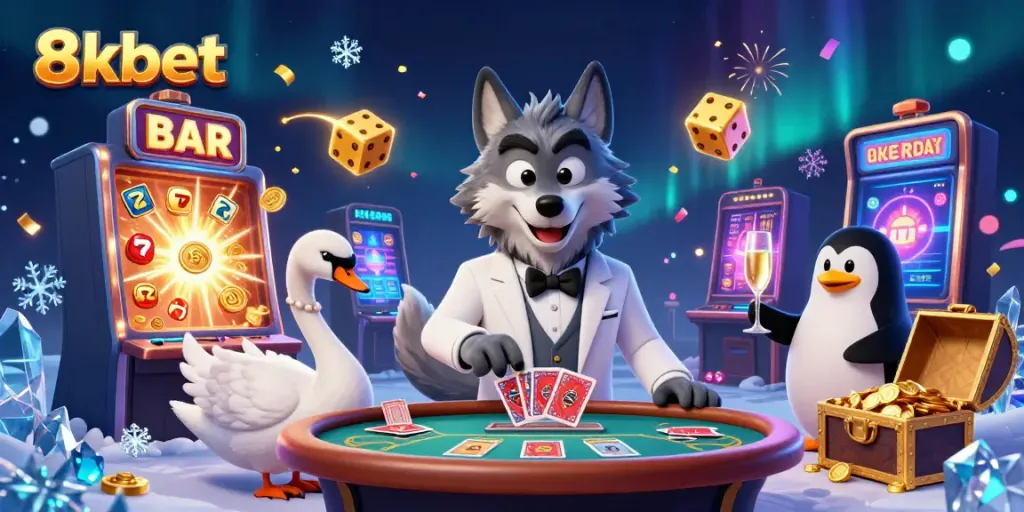 Engage in thrilling gameplay at 8xbet with a debonair wolf and friends at the baccarat table.