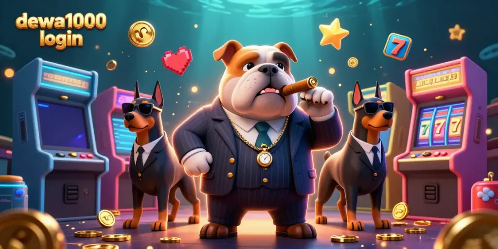 Engage with the exciting dewa1000 login scene featuring a mafia boss bulldog and bodyguard Dobermans in a colorful casino.