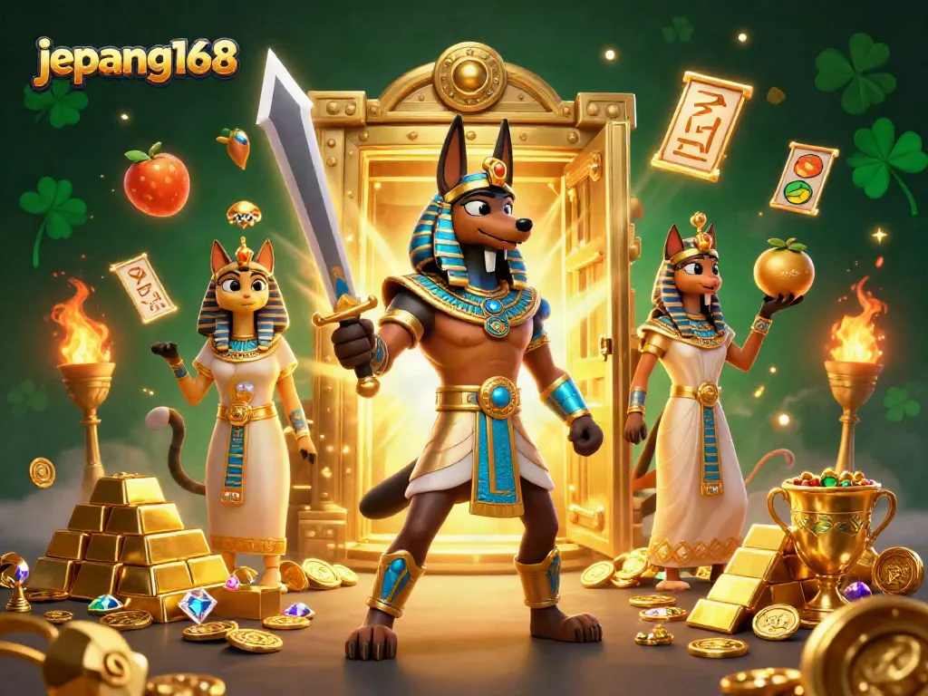 Experience the thrill of jepang168 with ancient Egyptian warriors and gold treasures, showcasing lively gaming action.