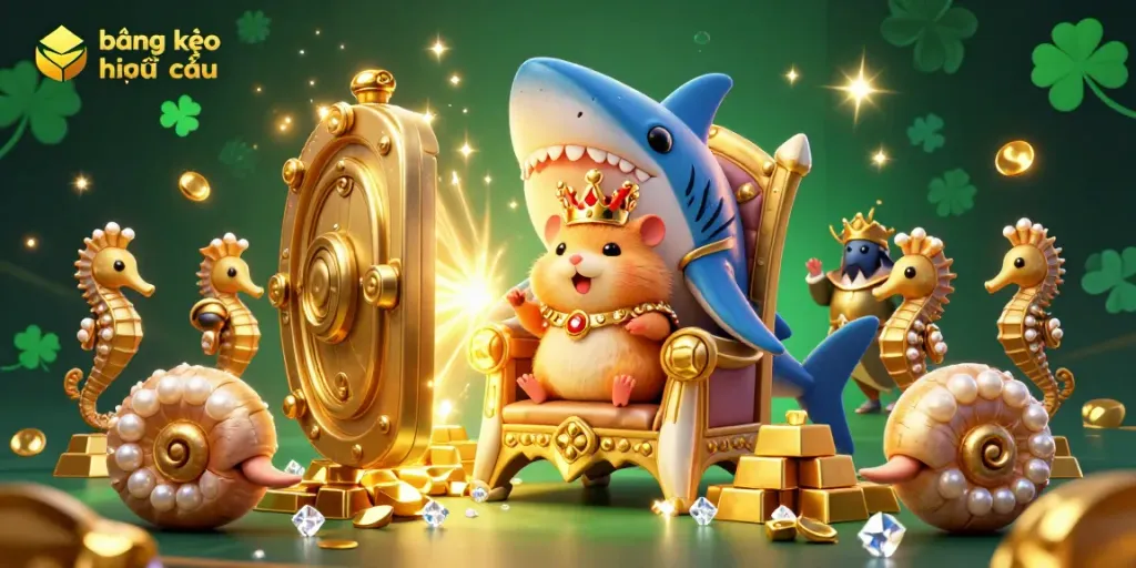 Experience the excitement of bảng kèo nhà cái with a tiny hamster king enthroned, surrounded by treasure and vibrant light.