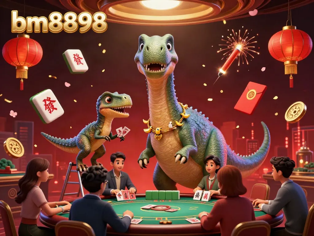 Engage with bm8898's vibrant poker scene featuring a tall brontosaurus, clever raptor dealer, and dynamic casino elements.