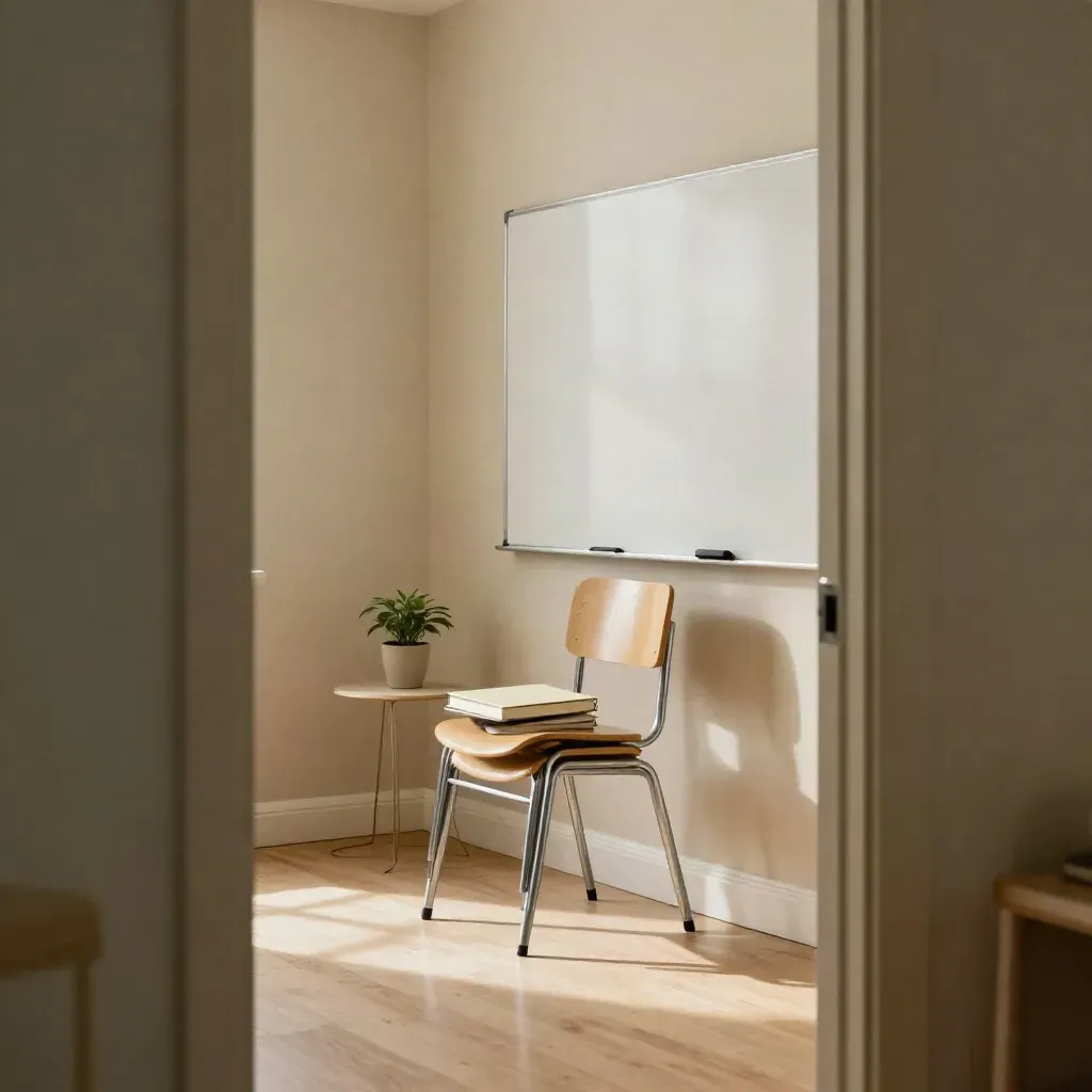 Pusta sala mentoringowa w szkole z tablicą, dwoma krzesłami, workbookiem i rośliną.
