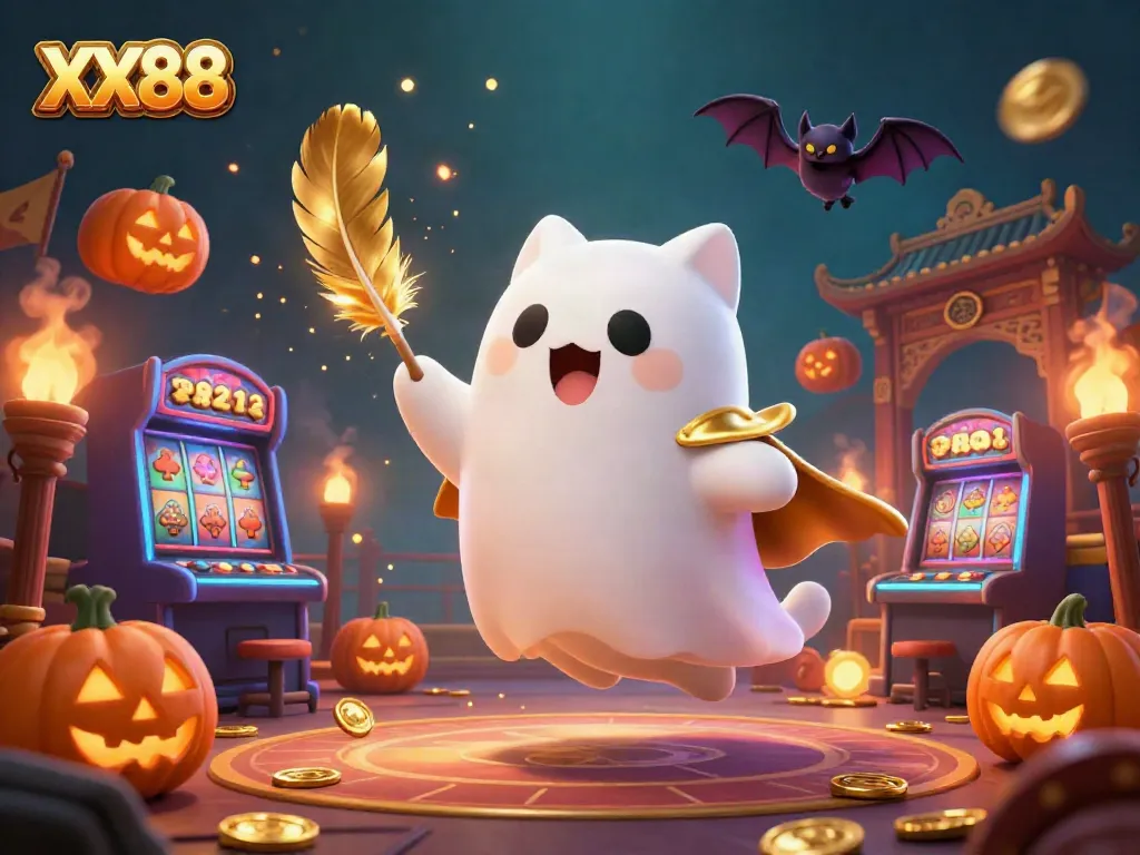 Experience the thrill of XX88 casino with a ghost cat and vampire bat in a vibrant gambling scene.