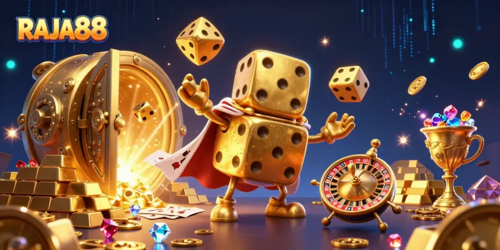 Engage with vibrant RAJA88 casino excitement, featuring dynamic dice golem and treasures.