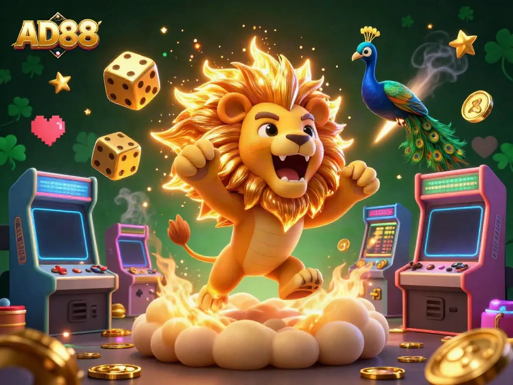 Experience thrilling gaming with AD88's vibrant casino and arcade illustration featuring a roaring lion.