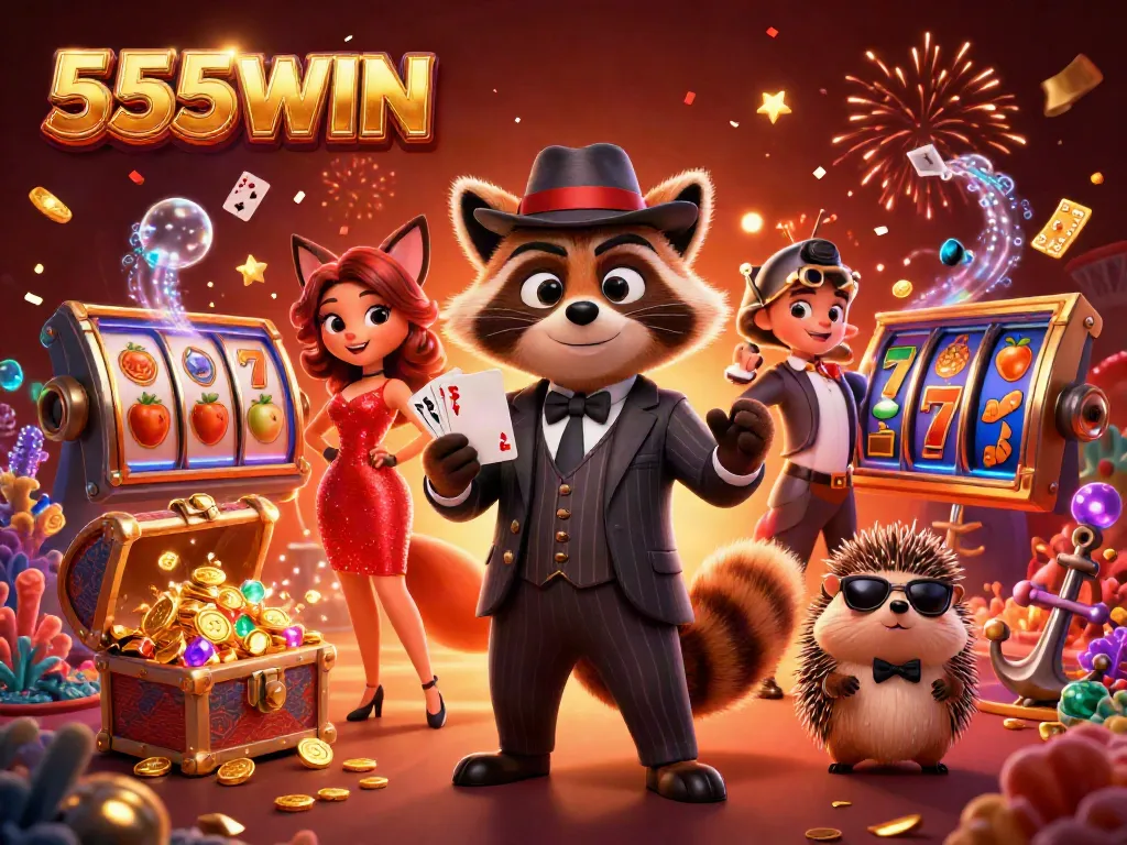 Experience the thrill of winning with 555WIN's dynamic characters celebrating in a lively casino scene.