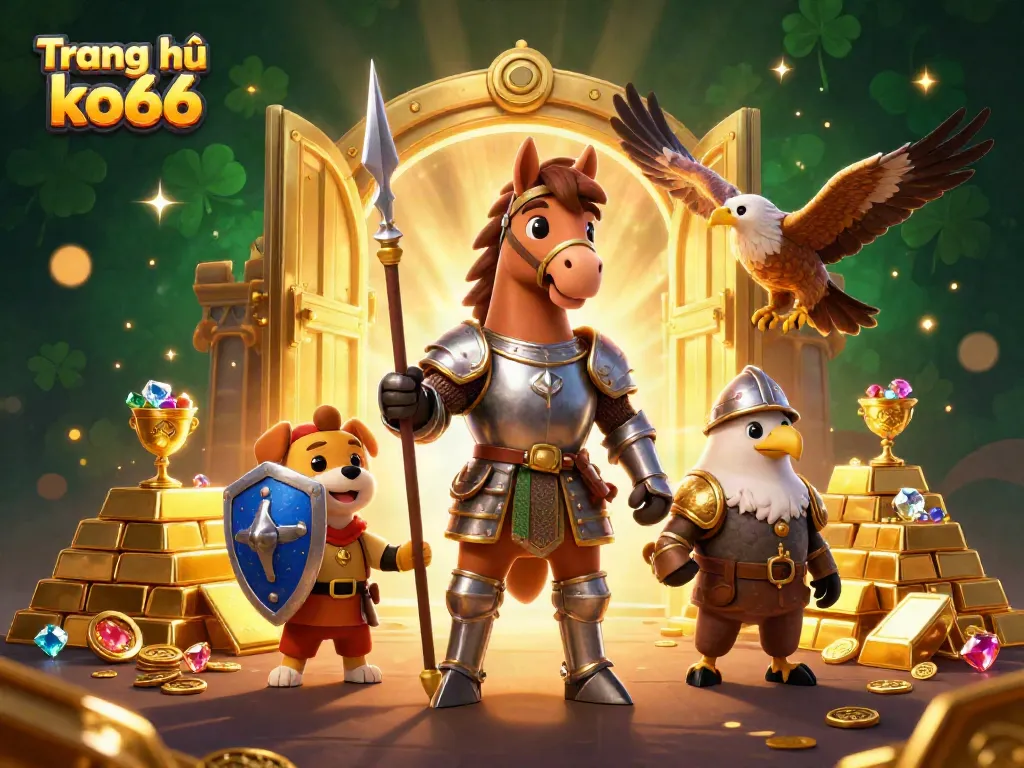 Experience the excitement of Trang chủ ko66 with a dynamic 3D medieval knight scene bursting with treasures and gems.