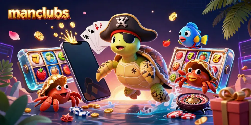 Engage in thrilling manclubs with colorful slots and playful sea creatures in a vibrant casino setting