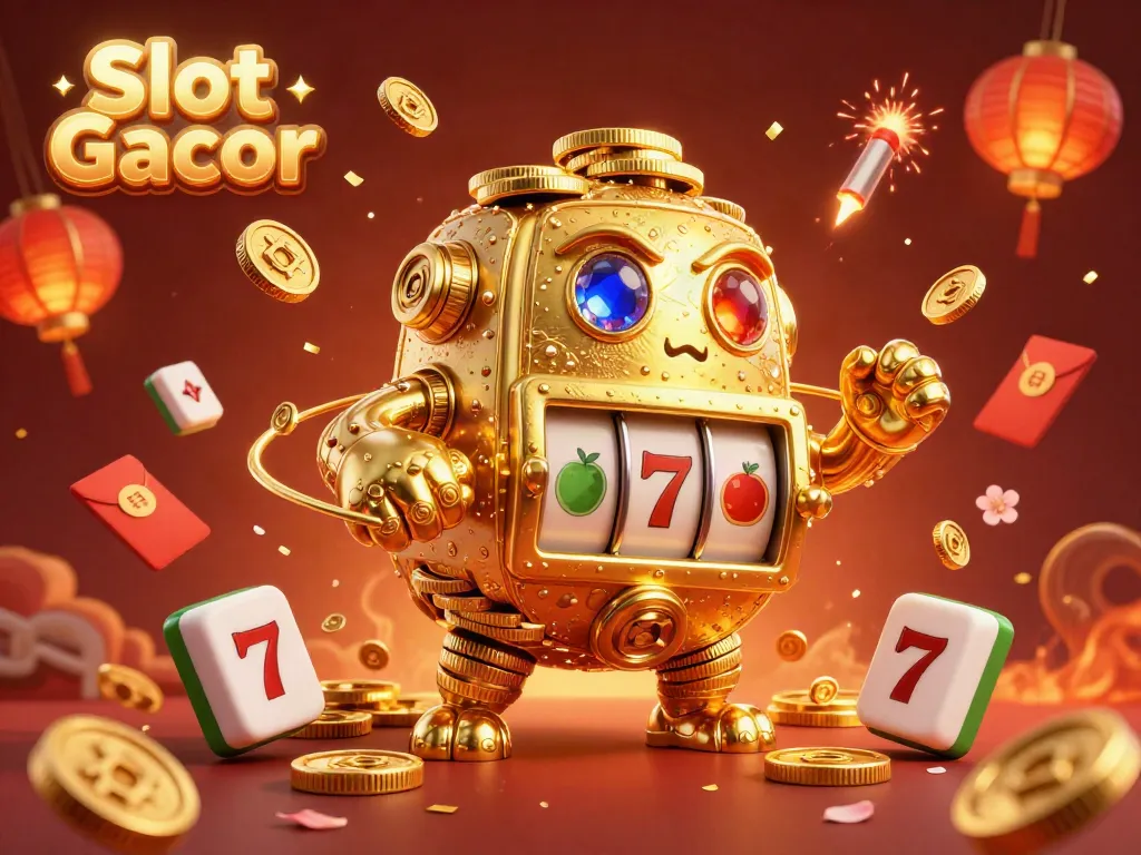 Engage with Slot Gacor through an immersive 3D illustration of a golden golem surrounded by vibrant slot reels and festive symbols.
