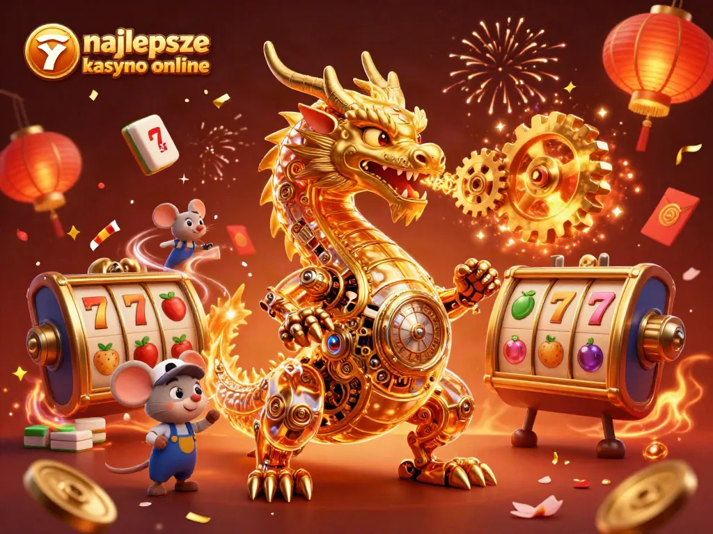 Experience the thrill of the najlepsze kasyno online with a majestic dragon and slot symbols.