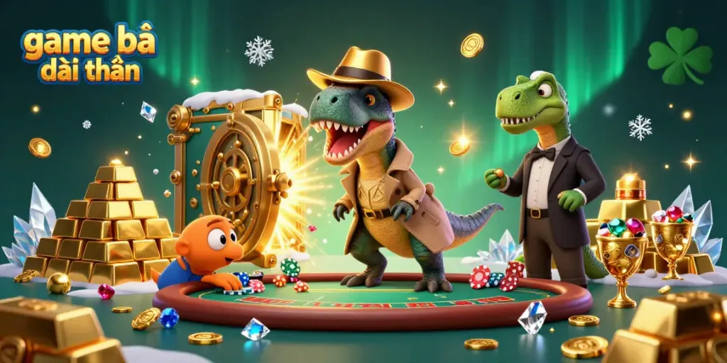 The velociraptor card counter engages in a high-energy game bài đổi thưởng at a lively blackjack table.