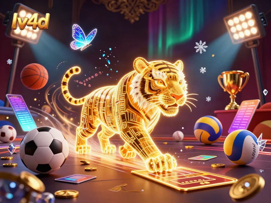 Engage in thrilling gaming at lv4d with a neon-wireframe tiger in a dazzling casino.